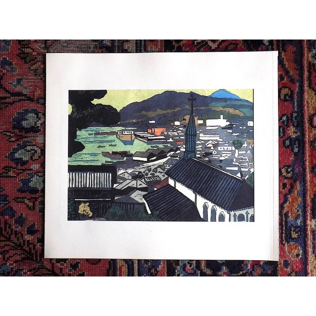 Japanese Vintage Folio Size Mid 20th C. Lithograph of a Japanese Cityscape Woodblock Print For Sale - Image 3 of 3