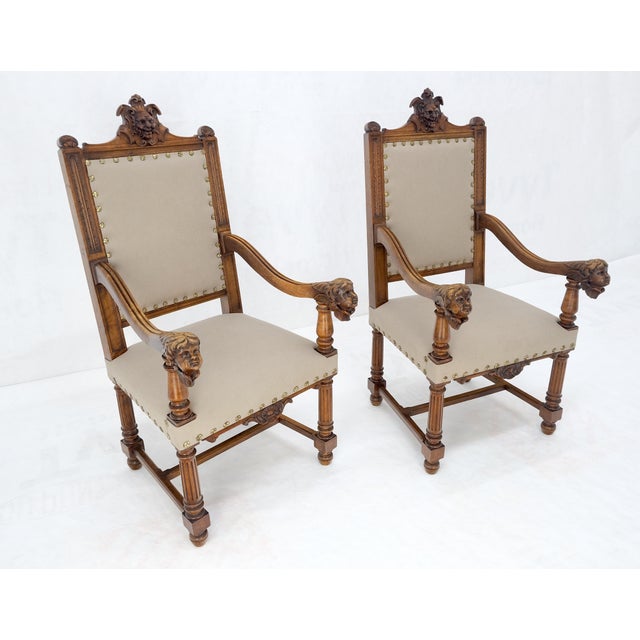 Pair Antique Heavily Carved Walnut Cherub North Wind Faces Arm Chairs New Uphols For Sale - Image 12 of 18
