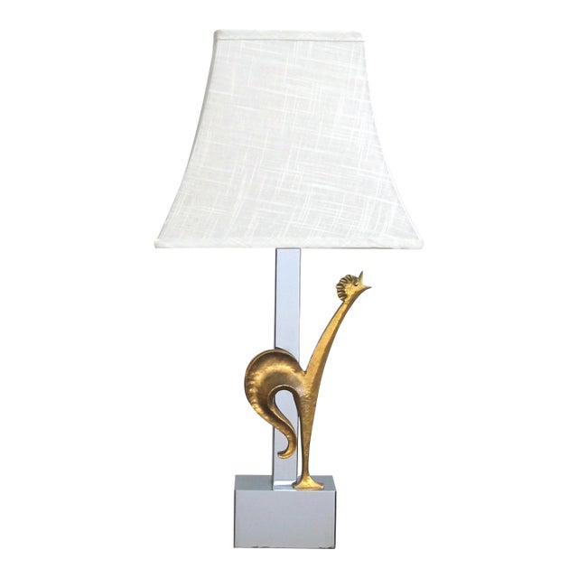 1950s Maison Charles (Attr.) Gilt-Bronze and Chrome Rooster Lamp For Sale