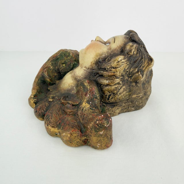 Almond Vintage Hand Painted Plaster Winged Putti With Glass Eyes For Sale - Image 8 of 11