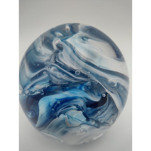 Signed Vintage Handblown Glass Paperweight With Blue & White Ribbon Swirl, 2003 For Sale - Image 9 of 11