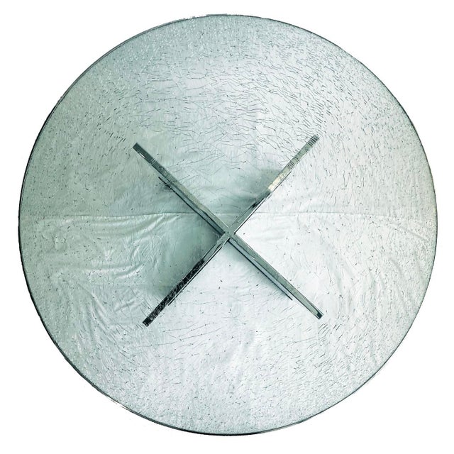 Vintage 1970's Steve Chase Custom Coffee Table Chrome & Glass Base Crackled Glass Table Top with Chrome Band around the...