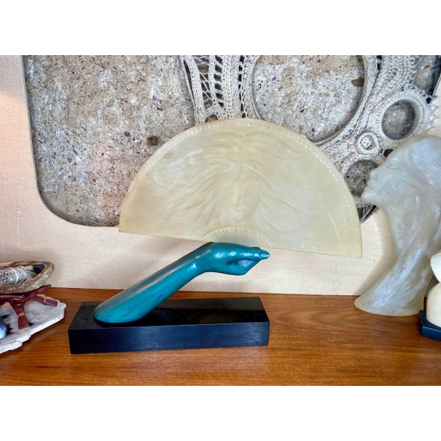 Ceramic 1984 Art Nouveau Hand Holding Frosted Lucite Fan With Imprinted Face Austin Productions Sculpture For Sale - Image 7 of 11