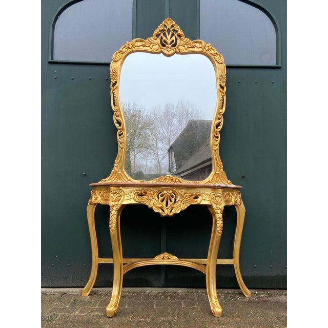 1970s 1970s Louis XVI Artisan Gilt Beech Marble Console Table & Mirror 2pc For Sale - Image 5 of 10