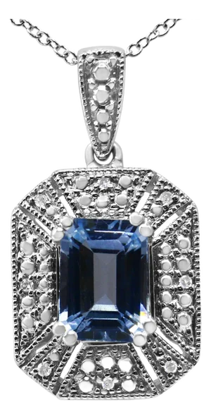 .925 Sterling Silver Blue Topaz and Diamond Accent Art Deco Style 18" Pendant Necklace
