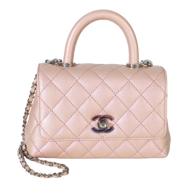 Light Pink Iridescent Quilted Caviar Mini Coco Top Handle Flap Bag For Sale