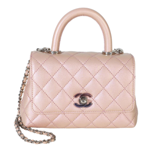 Light Pink Iridescent Quilted Caviar Mini Coco Top Handle Flap Bag