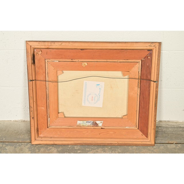 Original Artist Signed Oil Painting on Canvas Rural Landscape of "Covered Bridge" in Carved Walnut and Woven Rattan Frame For Sale - Image 12 of 14