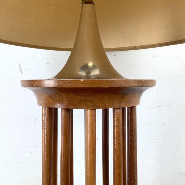 Vintage Mid-Century Walnut Dowel Table Lamp With Linen Drum Shade For Sale - Image 10 of 12
