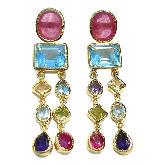 Bochic “Orient” Vintage Ruby & Multi gem Cascading Earrings Set 18K Gold&Silver For Sale