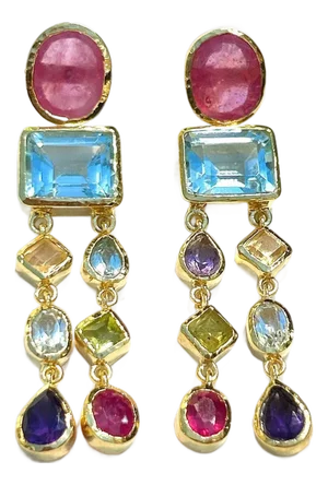 Bochic “Orient” Vintage Ruby & Multi gem Cascading Earrings Set 18K Gold&Silver