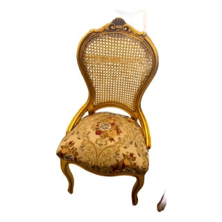 French Louis XV Style Cane Back Chair – Gold Leaf Frame With Floral Upholstery For Sale