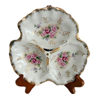 Vintage Japanese Porcelain Divided Dish With Pink Roses & Gold Gilt Trim Hollywood Regency Decor For Sale