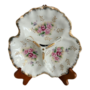 Vintage Japanese Porcelain Divided Dish With Pink Roses & Gold Gilt Trim Hollywood Regency Decor