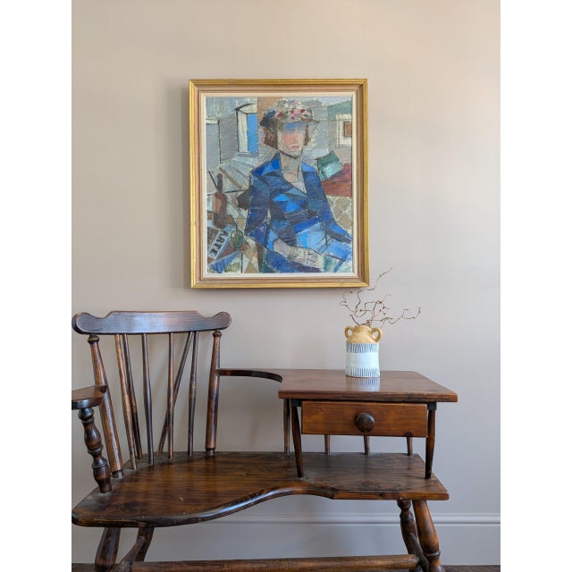 Mid-Century Modern Mid-Century Modern 'Woman in a Blue Coat' Vintage Swedish Cubist Figurative Oil Painting, Framed For Sale - Image 3 of 11