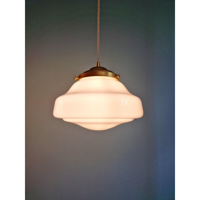 Metal Art Deco Pendant Lights in White Opaline Glass, 1930s, Set of 2 For Sale - Image 7 of 10