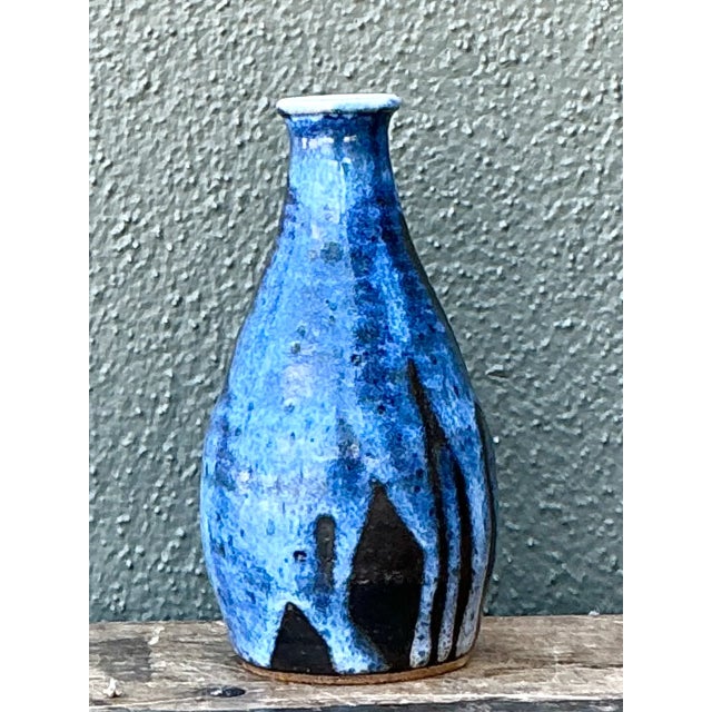 Mid-Century Modern Vintage Blue Glazed Ceramic Vase For Sale - Image 3 of 12