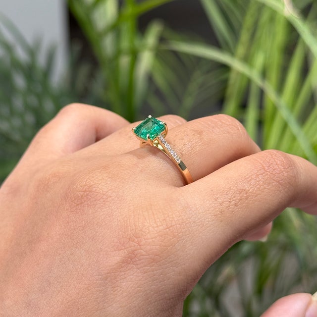 1.63ct Square Cut Zambian Emerald Diamond 14k Gold Victorian Engagement Ring Size 4 For Sale - Image 9 of 18