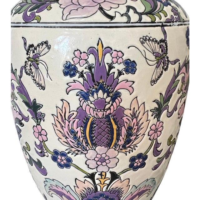 Cream 1970s Ornate Floral Ceramic Urn Table Lamps With Carved Wood Bases - a Pair For Sale - Image 8 of 13