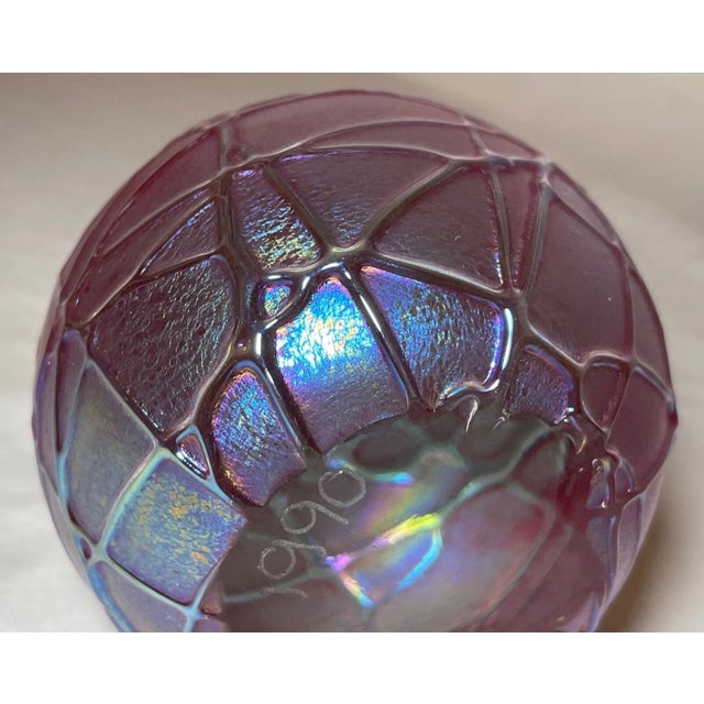 Glass Obg Hand Blown Studio Aurene Relief Spider Web Iridescent Art Glass Paperweight For Sale - Image 7 of 12