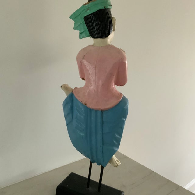 Vintage Thai Carved Wooden Musician Sculptures With Jeweled Robes- Set of 2 For Sale - Image 4 of 13