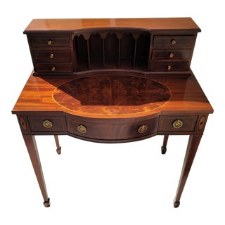 Late 20th Century Vintage Baker Furniture Federal Inlaid Mahogany Bow Front Ladies Writing Desk For Sale