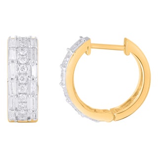 10K Yellow Gold Round Baguette Diamond Designer Hoop Earring 5/8 Cttw, A Pair For Sale
