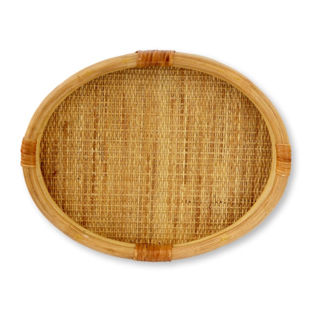 A charming midcentury French bamboo serving tray with woven bamboo center and bent bamboo frame. Purchased in France, its...