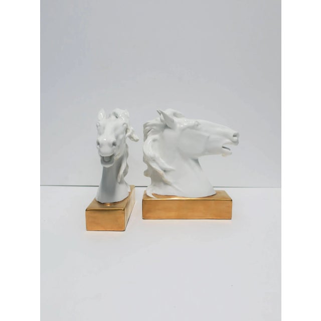 Metal Horse Head and Mane Bookends or Decorative Object Sculptures White and Gold Porcelain, Pair For Sale - Image 7 of 13