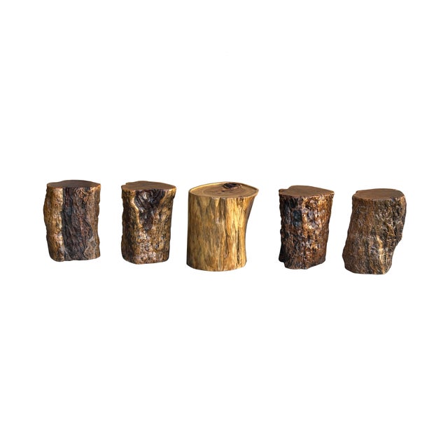 Brown Set of 5 Raw Wood Rough Grain Finish Irregular Shape Short Stool Table For Sale - Image 8 of 11