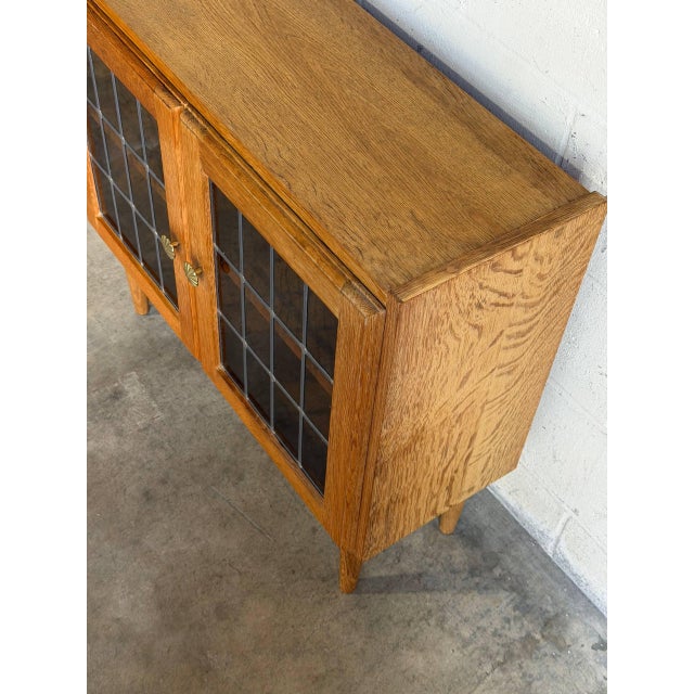 1960s Oak Display Cabinet With Leaded Glass Doors Interior Shelf Mid-Century Modern Denmark 1960s For Sale - Image 5 of 10