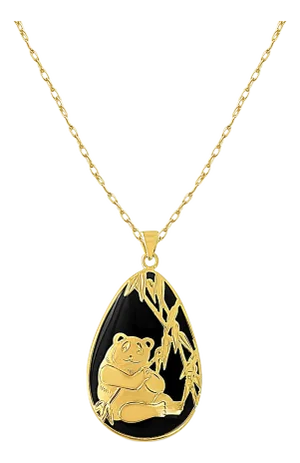 Pear Shaped Smoky Quartz Jade Necklace with 14k Yellow Gold Panda Design 16"