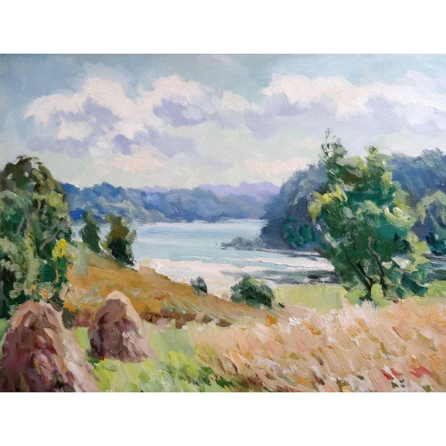 Rye field. 2000. Cardboard, oil, 69x91 cm Summer landscape with Rye field and river by Edgars Vinters This piece has an...