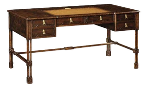 Leather Top Writing Desk by Jonathan Charles Furniture. Brass Drawer Pulls and Cord Grommet. Fold-Down Drawer Front for Keyboard Access