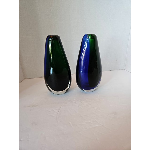 Late 20th Century Pair of Green and Blue Heavy Glass Vases in the Style of Murano For Sale - Image 5 of 10