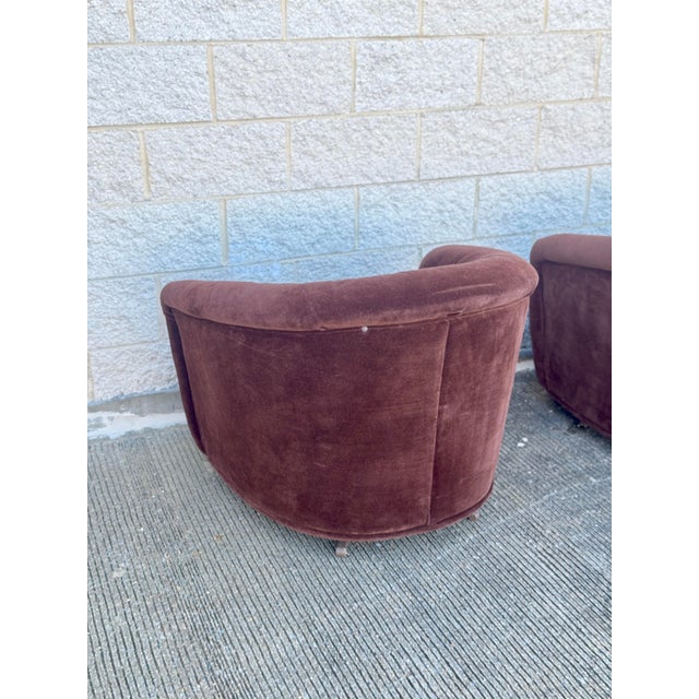 Textile Pair of Vintage 1970s Chocolate Brown Velvet Barrel Club Chairs With Ruched Backs For Sale - Image 7 of 12