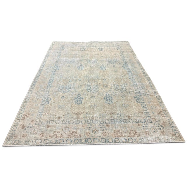 Antique Rare Tabriz Rug 7x10 | Faded Ivory With Delicate Blue Floral Motifs For Sale - Image 4 of 4