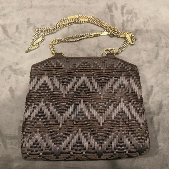 1960s Luxury Brown Woven Cotton and Brass Italian Evening Bag For Sale - Image 6 of 18
