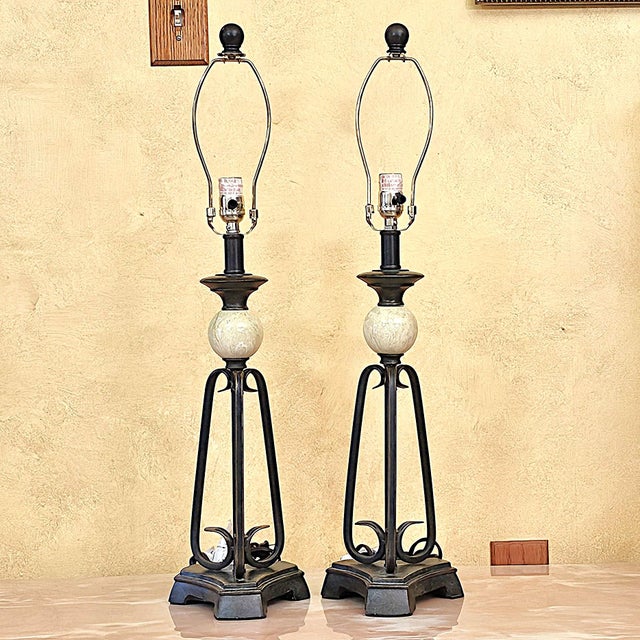 Metal Pair of Uttermost Wrought Iron & Ceramic Sphere Table Lamps For Sale - Image 7 of 18