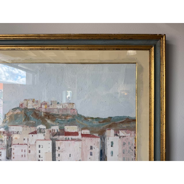 Blue 1968 Franco Scuderi Italian Mediterranean Coastal Cityscape Landscape Oil on Plywood Painting, Signed & Framed For Sale - Image 8 of 16