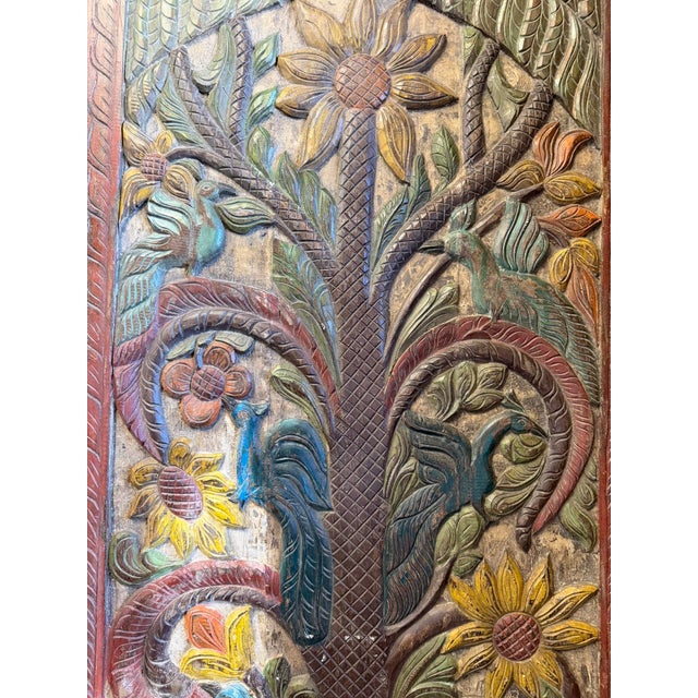 1920s Vintage Hand-Carved Tree of Dreams Wood Barn Door Wall Panel With Peacock & Sunflower 84x36 For Sale - Image 5 of 7