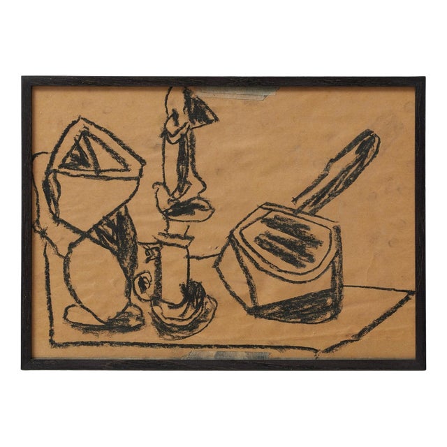 Vastian, Cubist Still Life, Drawing in Black Charcoal, Framed For Sale