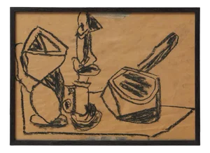 Vastian, Cubist Still Life, Drawing in Black Charcoal, Framed