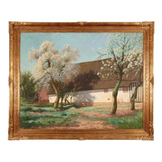 Cottage Behind Blossoming Trees, 1941, Oil Painting on Canvas, Framed For Sale