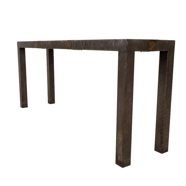 1980s Vintage Brutalist Iron, Brass & Wood Console Table W/ Thick Beveled Glass Insert For Sale - Image 5 of 18