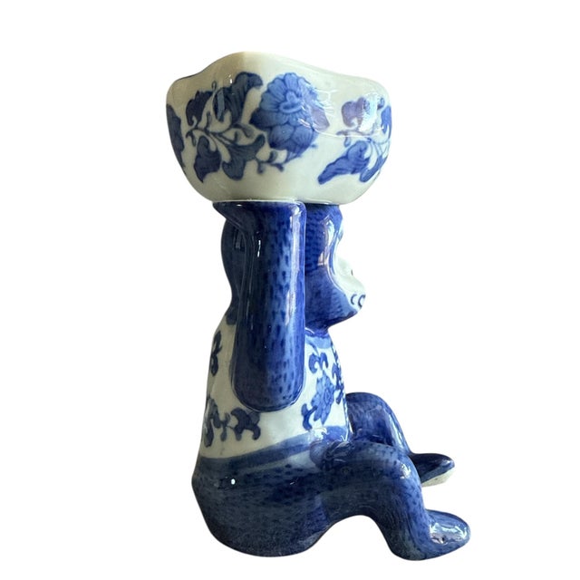 1980s Vintage Blue & White Porcelain “Bar Monkey” Chinoiserie Bowl, 7.75” Tall For Sale - Image 5 of 8