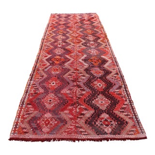 1970s Tribal Style Ikat Design Handmade Red Oushak Kilim Runner Rug For Sale