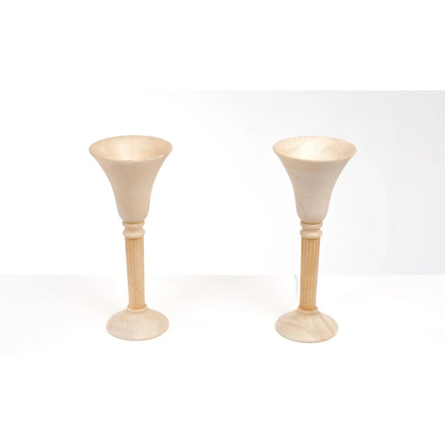 Two beautiful Alabaster table lamps. Classical Greek timeless design, gives a wonderful warm light. Rewired. Small socket...