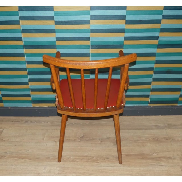 Mid-Century Modern Armchair Desk Chair in Red Decorative Rivets Spindle, 1950s For Sale - Image 3 of 9