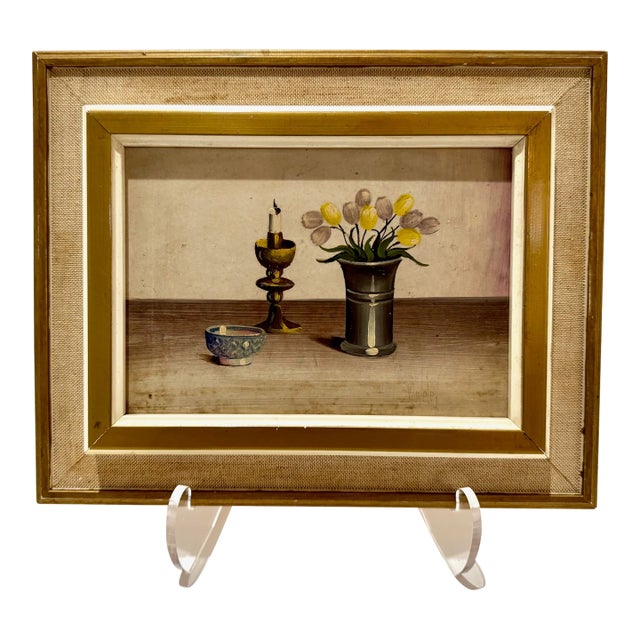 Mid 20th Century Framed v. Weley Still Life Oil on Board With Floral Vase and Candle For Sale
